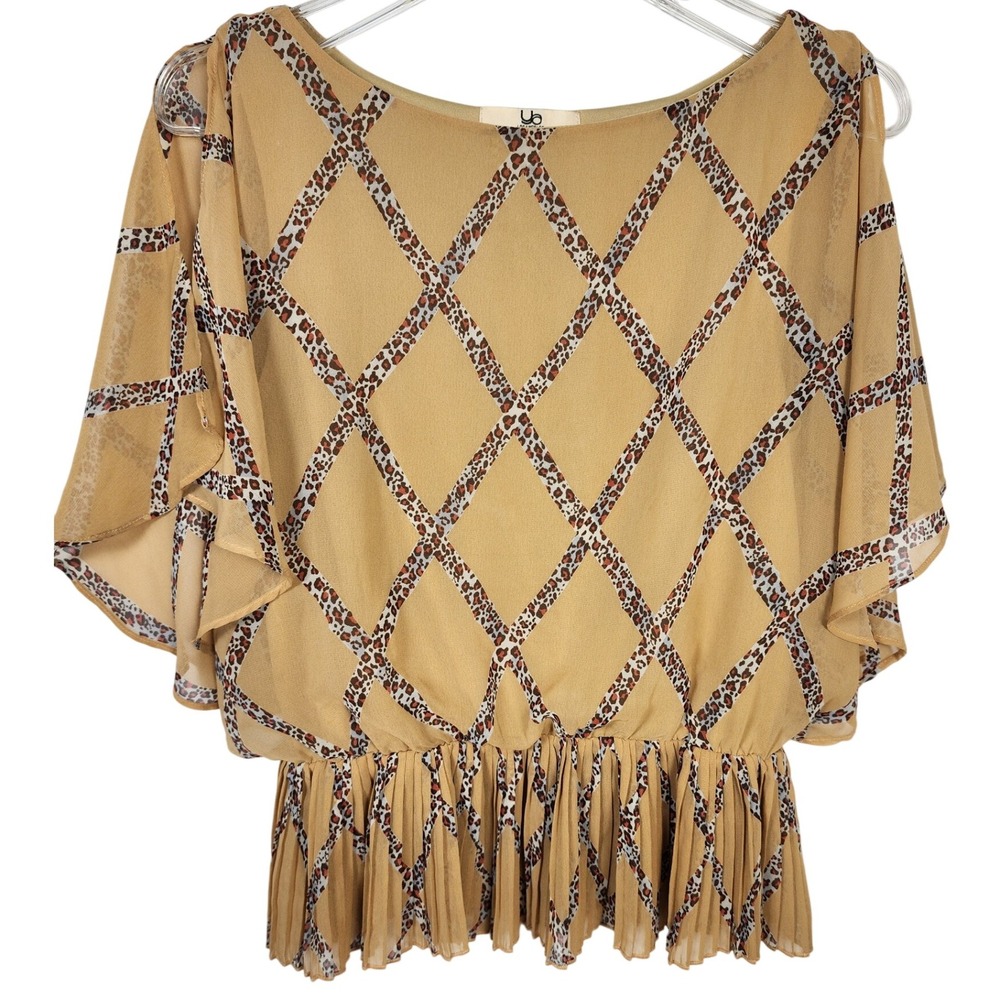 YA Los Angeles Tan Leopard Print Blouse Womens S Sheer Short Sleeve‎ cottagecore